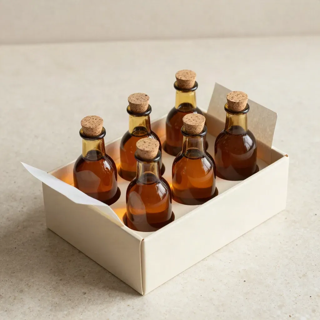 Otevřený ochutnávkový box se šesti mini lahvemi na travertinu, mírně shora.